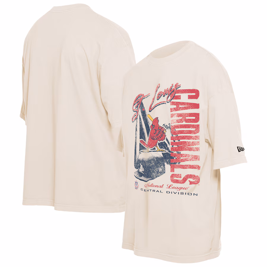 Men's St. Louis Cardinals New Era Cream Cooperstown Collection Oversized Throwback Distressed T-Shirt - Ujersey Shop