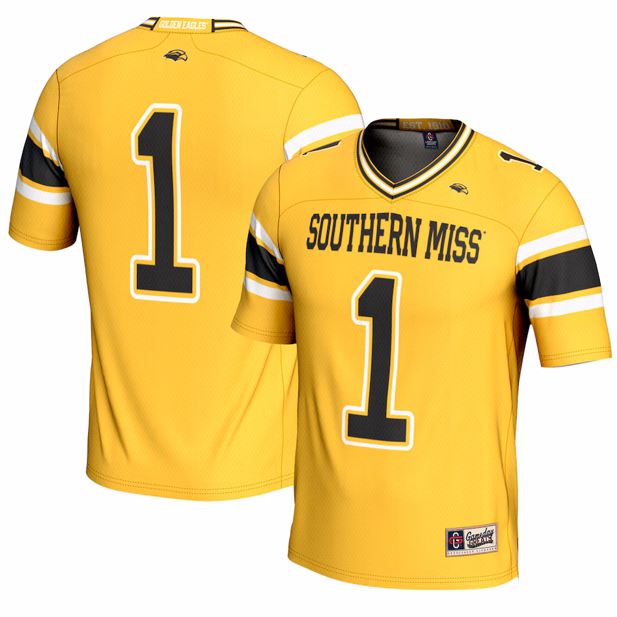 Men's GameDay Greats #1 Gold Southern Miss Golden Eagles Endzone Football Jersey - Ujersey Shop