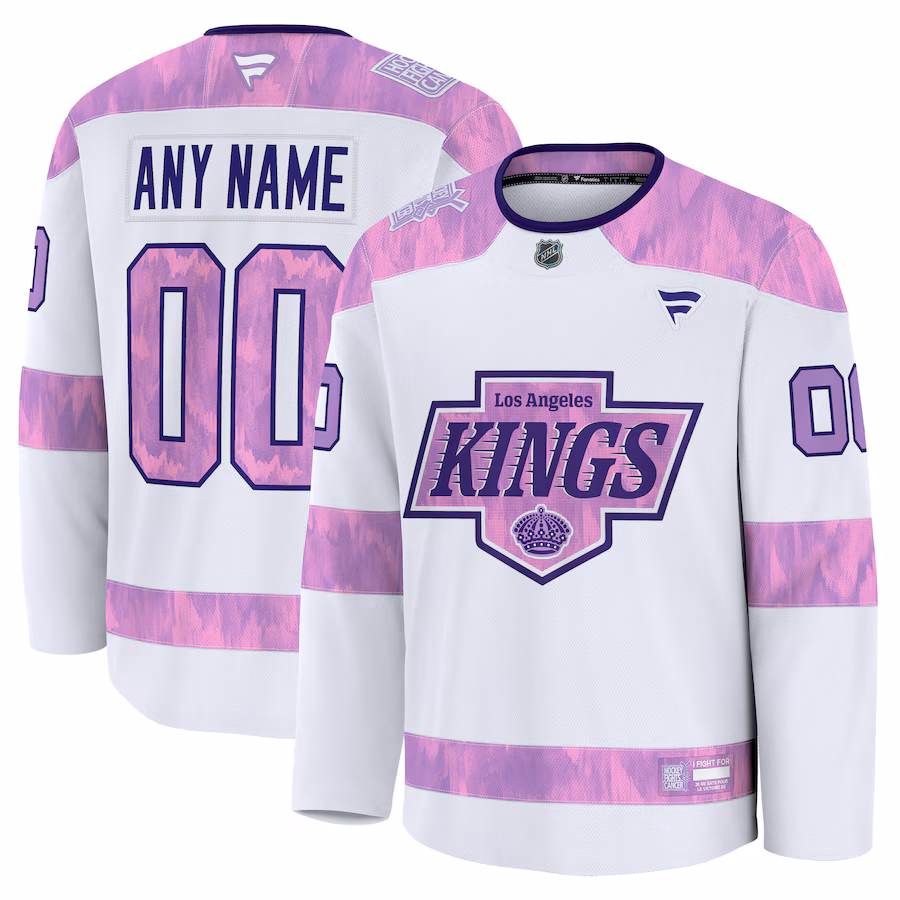 Men's Los Angeles Kings Fanatics White 2024 Hockey Fights Cancer Custom Practice Jersey - Ujersey Shop