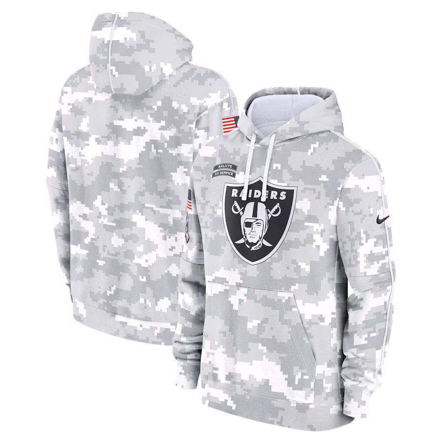 Men's Las Vegas Raiders Nike Arctic Camo 2024 Salute to Service Club Fleece Pullover Hoodie - Ujersey Shop