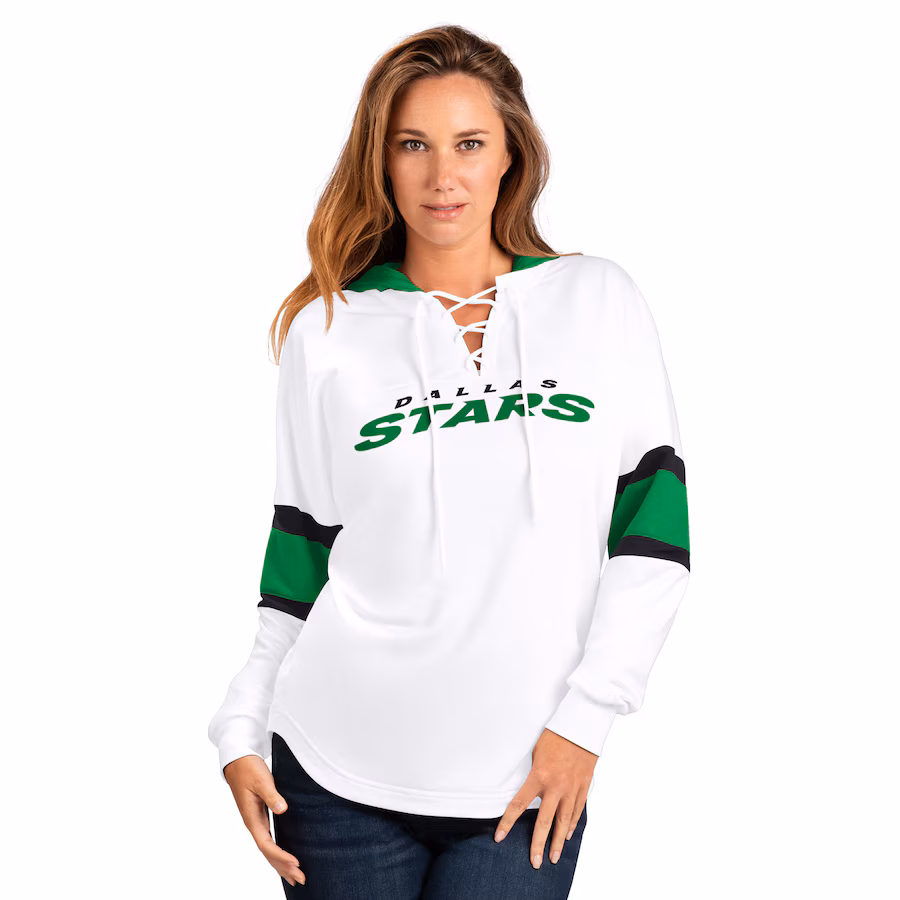 Women's Dallas Stars G-III 4Her by Carl Banks White Goal Zone Long Sleeve Lace-Up Hoodie T-Shirt - Ujersey Shop