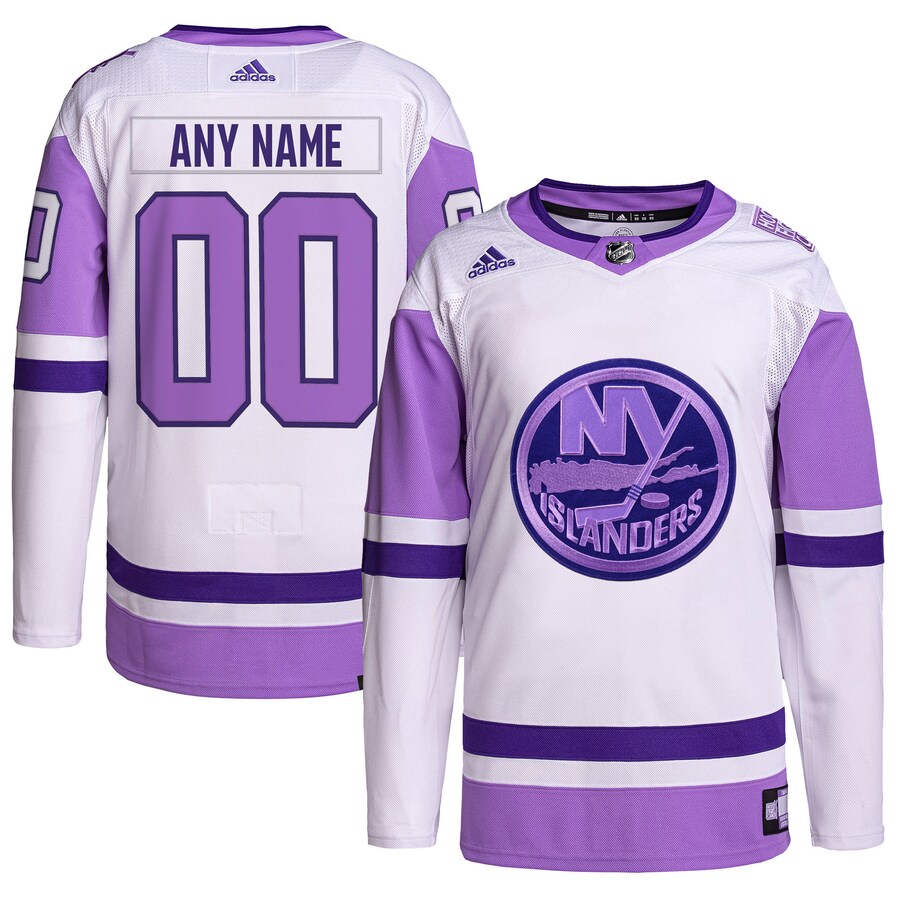 Men's New York Islanders adidas White/Purple Hockey Fights Cancer Primegreen Authentic Custom Jersey - Ujersey Shop