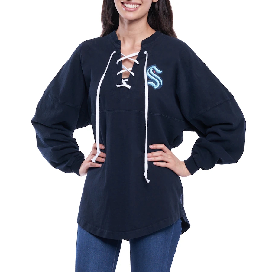 Women's Seattle Kraken Fanatics Navy Lace Up Long Sleeve Spirit Top - Ujersey Shop