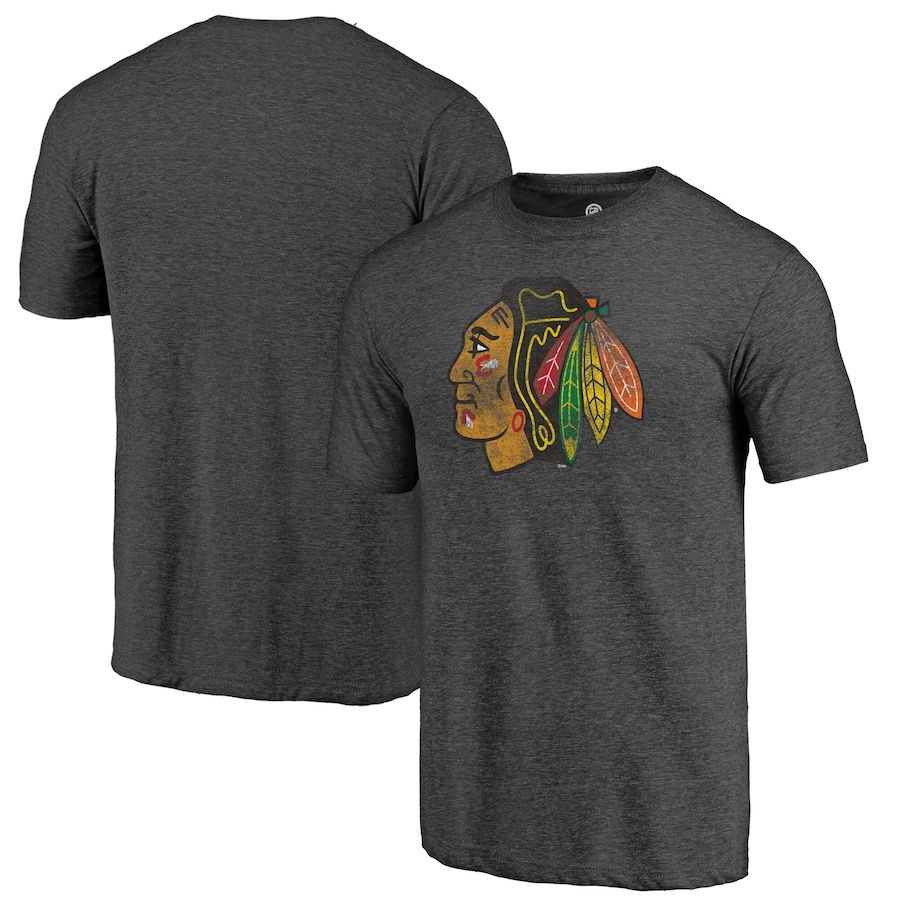 Men's Chicago Blackhawks Charcoal Distressed Tri-Blend T-Shirt - Ujersey Shop