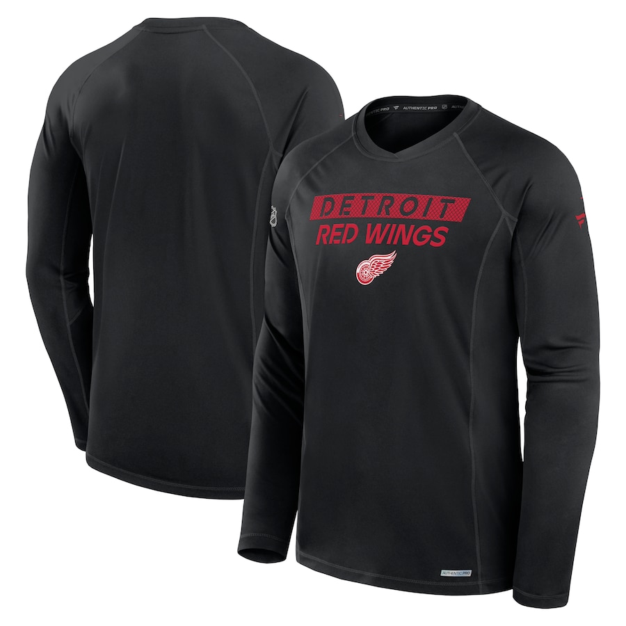 Men's Detroit Red Wings Fanatics Black Authentic Pro Rink Tech Long Sleeve T-Shirt - Ujersey Shop