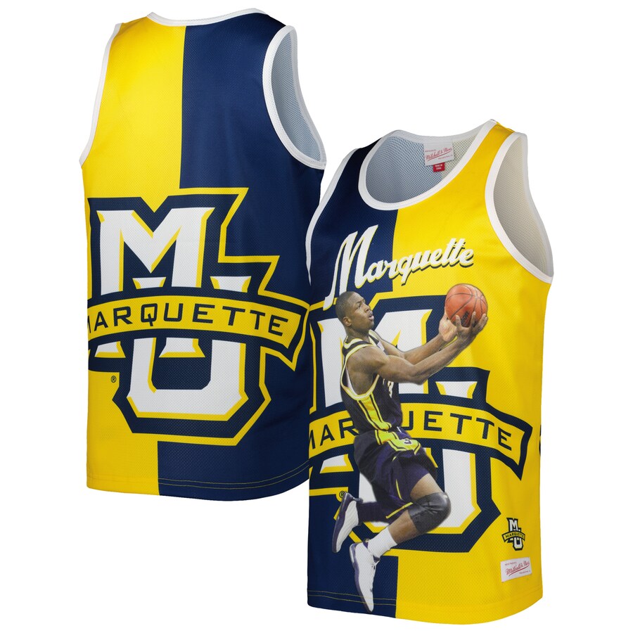 Men's Mitchell & Ness Dwyane Wade Blue/Gold Marquette Golden Eagles Sublimated Player Tank Top - Ujersey Shop
