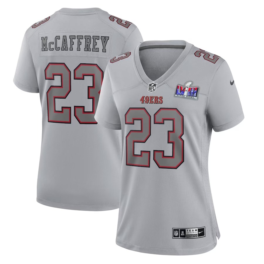 Women's San Francisco 49ers Christian McCaffrey Nike Gray Super Bowl LVIII Atmosphere Fashion Game Jersey - Ujersey Shop