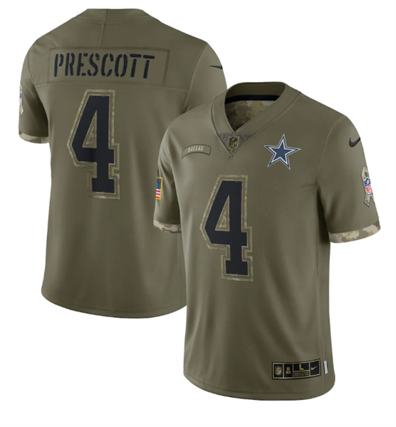 Men's Dallas Cowboys #4 Dak Prescott 2022 Olive Salute To Service Limited Stitched Jersey - Ujersey Shop
