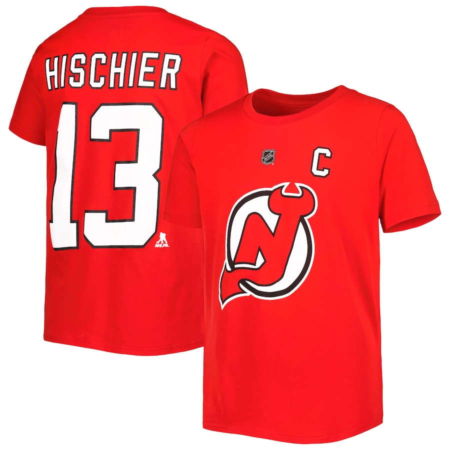 Youth New Jersey Devils Nico Hischier Red Player Name & Number T-Shirt - Ujersey Shop