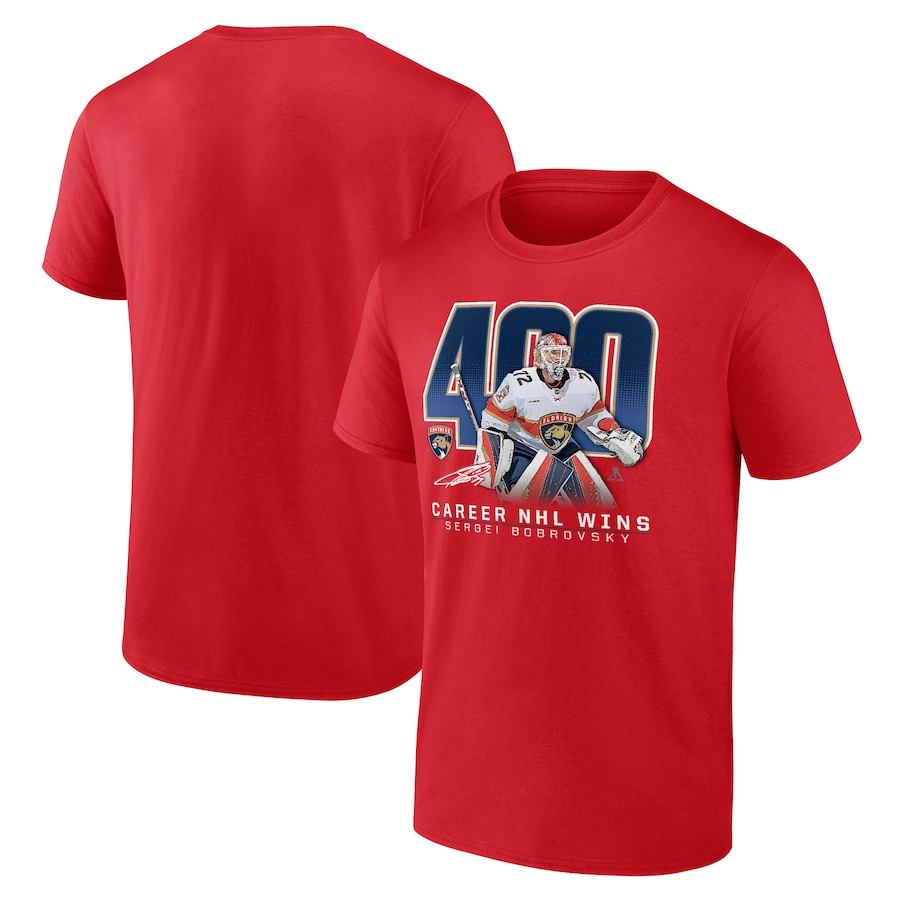 Men's Florida Panthers Sergei Bobrovsky Red 400 Career Wins T-Shirt - Ujersey Shop