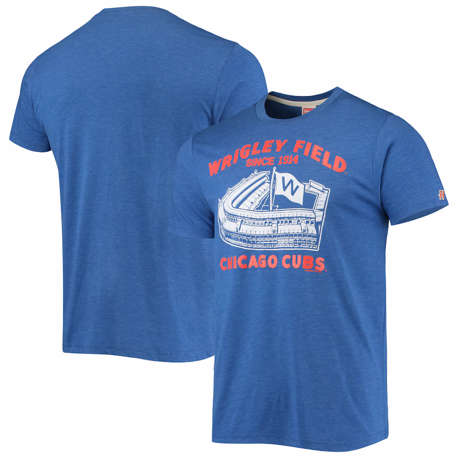 Men's Chicago Cubs Homage Heathered Royal Wrigley Field Tri-Blend T-Shirt - Ujersey Shop