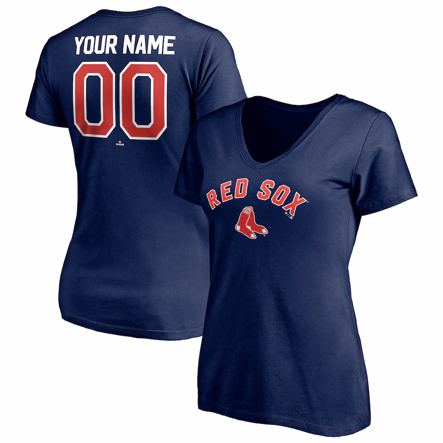 Women's Boston Red Sox Navy Personalized Winning Streak Name & Number V-Neck T-Shirt - Ujersey Shop