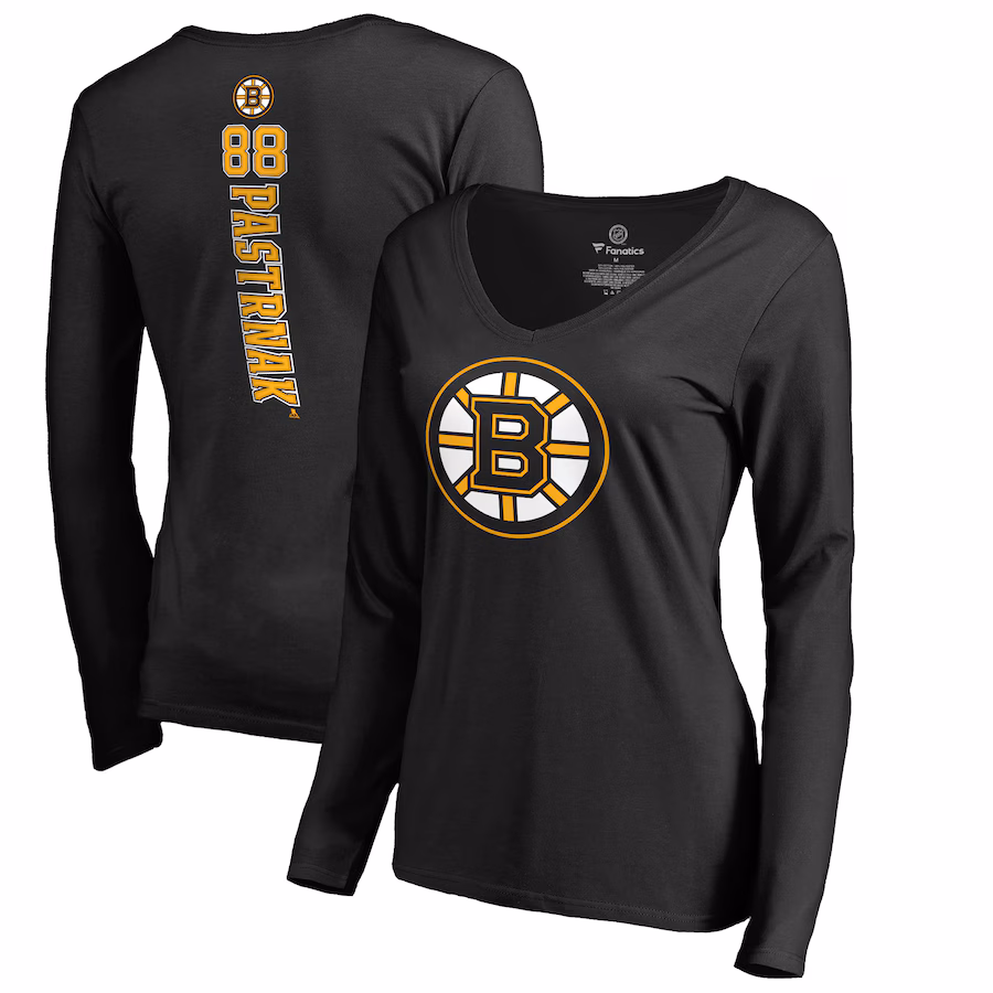 Women's Boston Bruins David Pastrnak Black Backer V-Neck Long Sleeve T-Shirt - Ujersey Shop