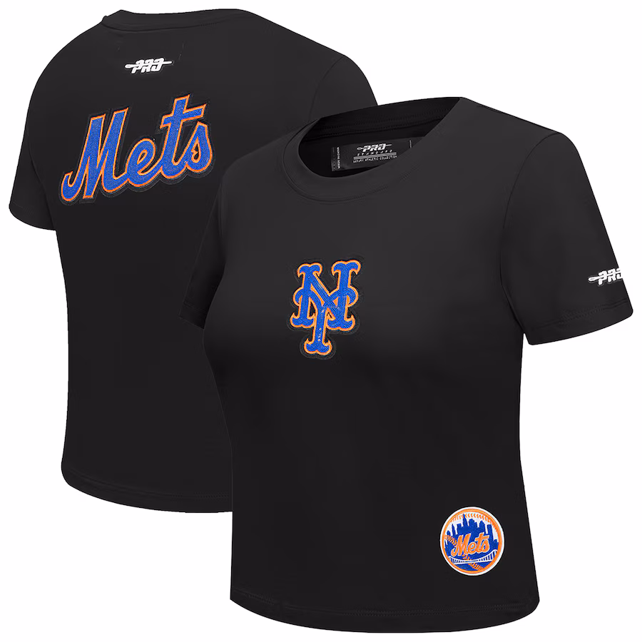 Women's New York Mets Pro Standard Black Game Day Classics Baby Doll Cropped T-Shirt - Ujersey Shop