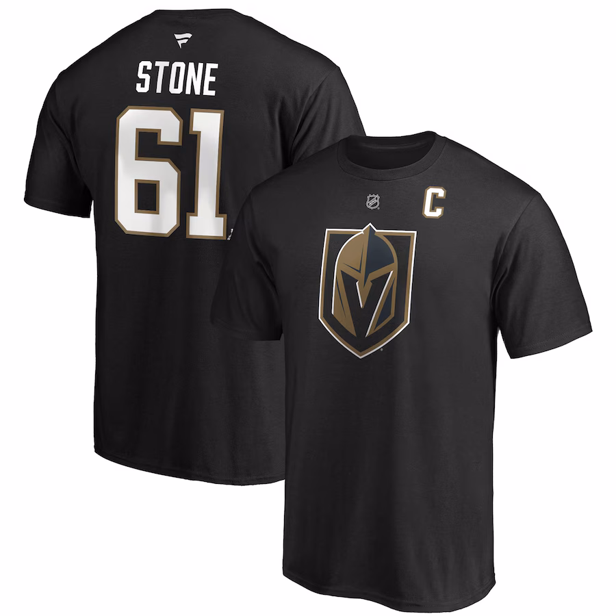 Men's Vegas Golden Knights Mark Stone Fanatics Black Authentic Stack Player Name & Number Captain Patch T-Shirt - Ujersey Shop