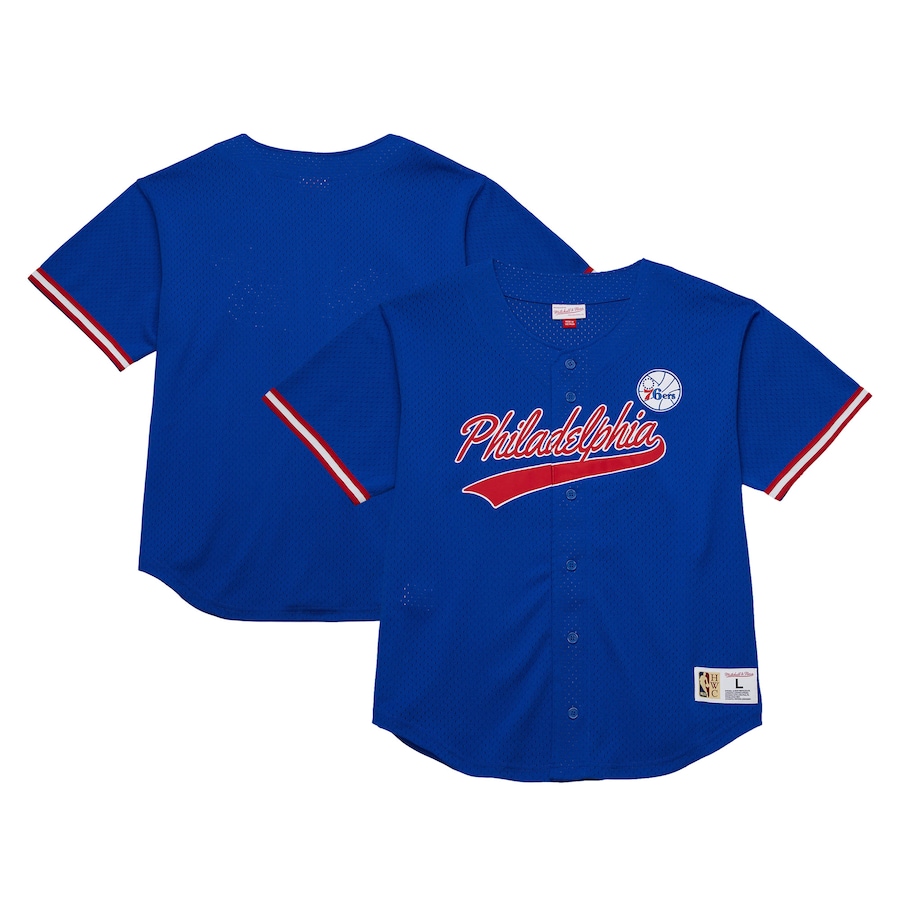 Men's Philadelphia 76ers  Mitchell & Ness Royal Hardwood Classics On The Clock Mesh Fashion Baseball Jersey - Ujersey Shop
