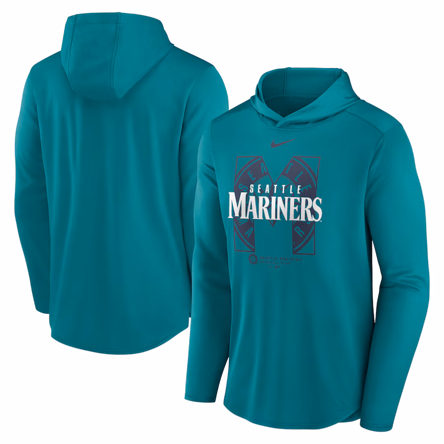 Men's Seattle Mariners Nike Aqua Team Letterman Performance Hooded Long Sleeve T-Shirt - Ujersey Shop