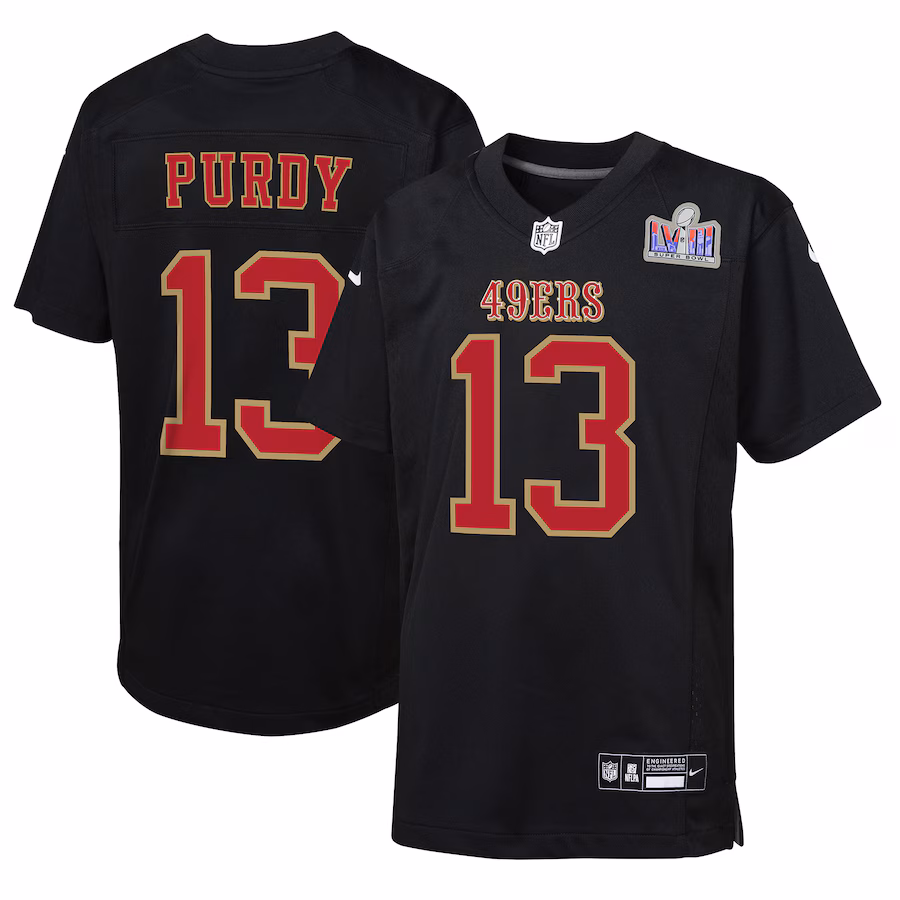Youth San Francisco 49ers Brock Purdy Nike Black Super Bowl LVIII Patch Carbon Fashion Game Jersey - Ujersey Shop