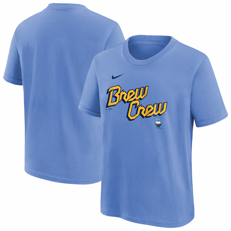 Youth Milwaukee Brewers Nike Powder Blue City Connect Wordmark T-Shirt - Ujersey Shop