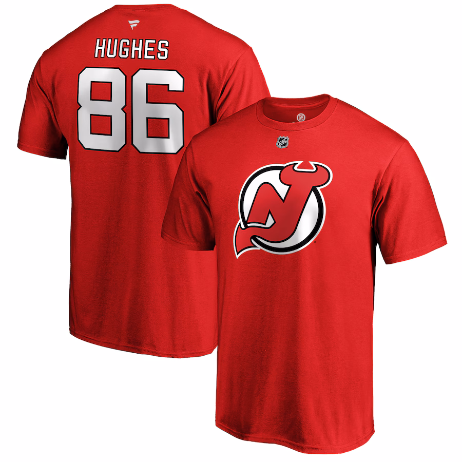 Men's New Jersey Devils Jack Hughes Fanatics Red Authentic Stack Name & Number T-Shirt - Ujersey Shop