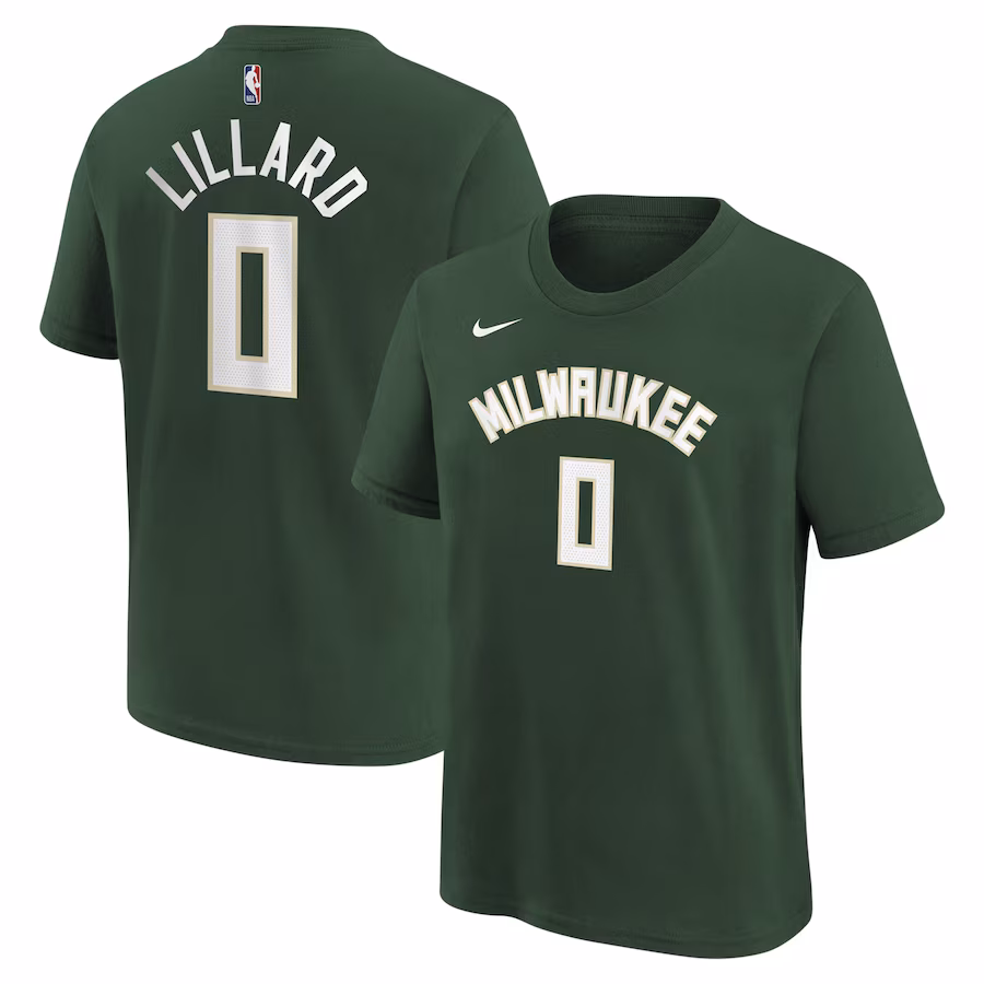 Youth Milwaukee Bucks Damian Lillard Nike Hunter Green Icon Name & Number T-Shirt - Ujersey Shop