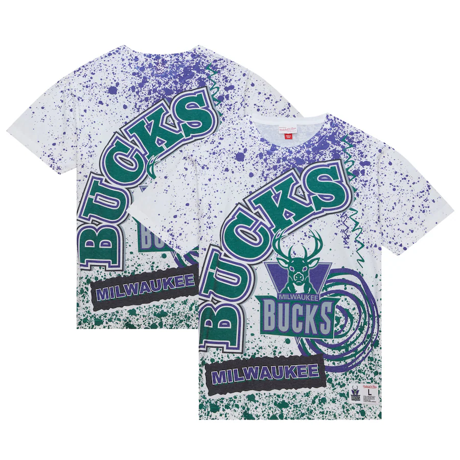 Men's Milwaukee Bucks  Mitchell & Ness White Team Burst Sublimated T-Shirt - Ujersey Shop