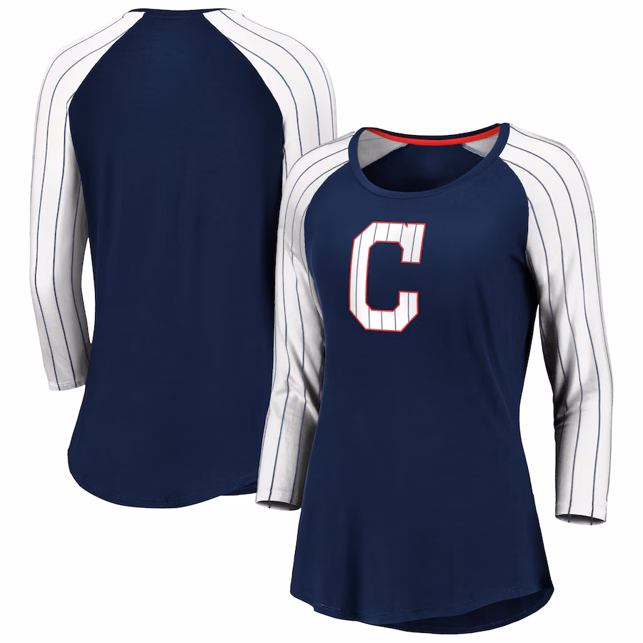 Women's Cleveland Guardians Fanatics Navy Iconic Pinstripe Raglan 3/4-Sleeve T-Shirt - Ujersey Shop