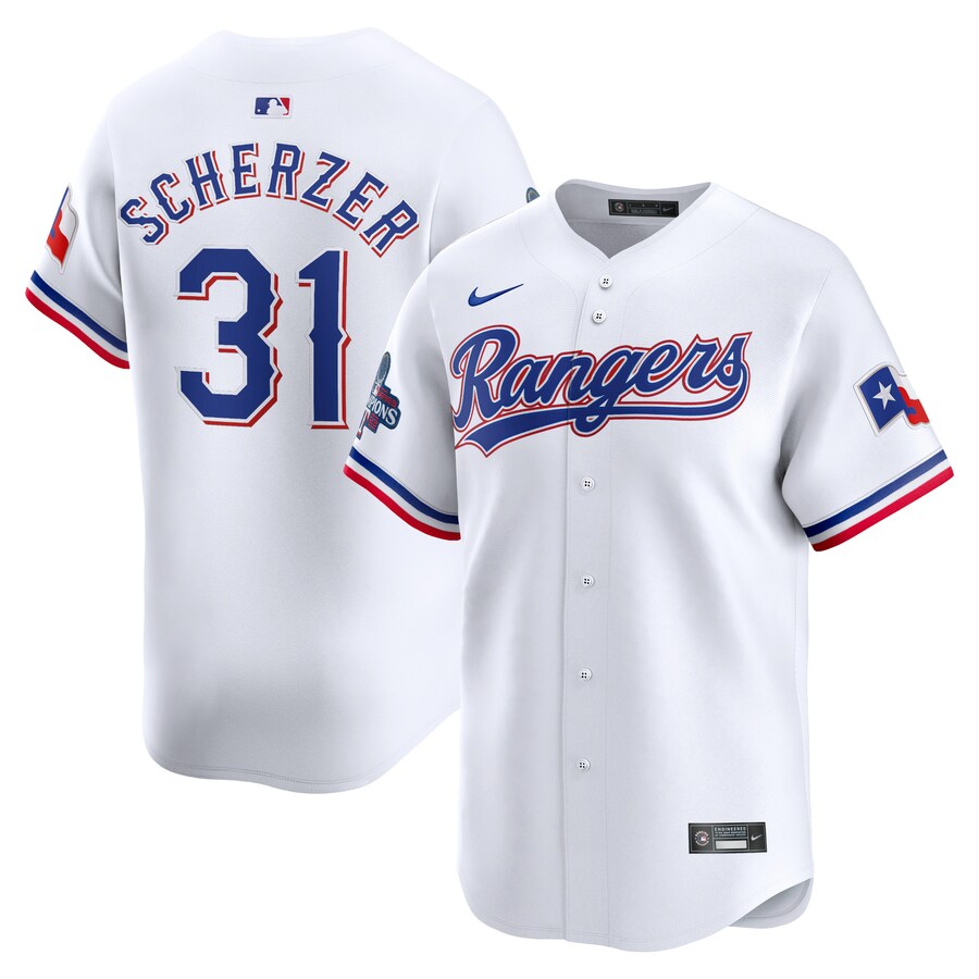 Men's Texas Rangers Max Scherzer Nike White Home 2023 World Series Champions Limited Jersey