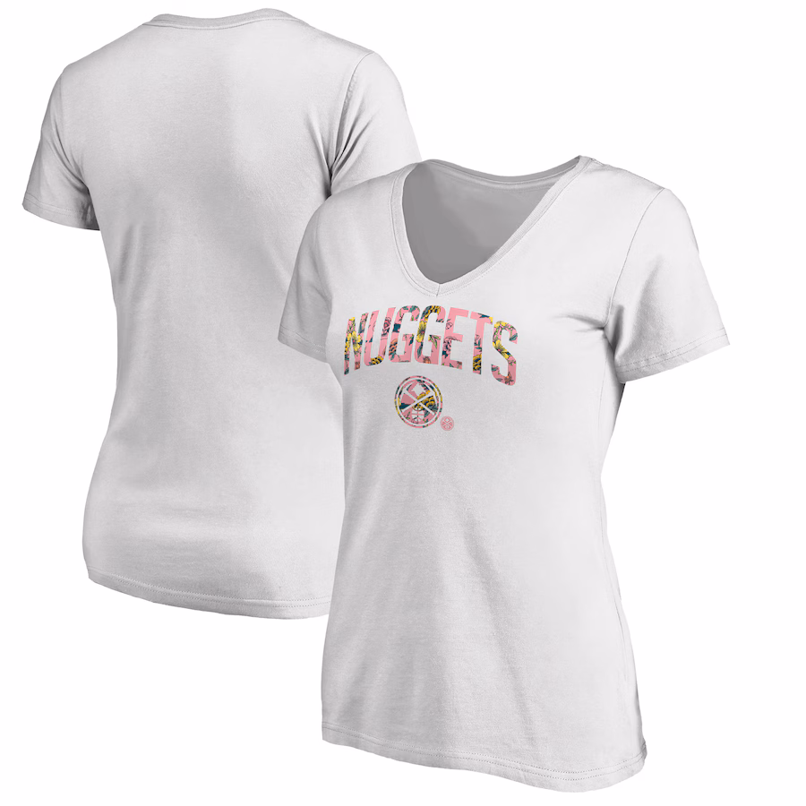 Women's Denver Nuggets White Floral Arch V-Neck T-Shirt