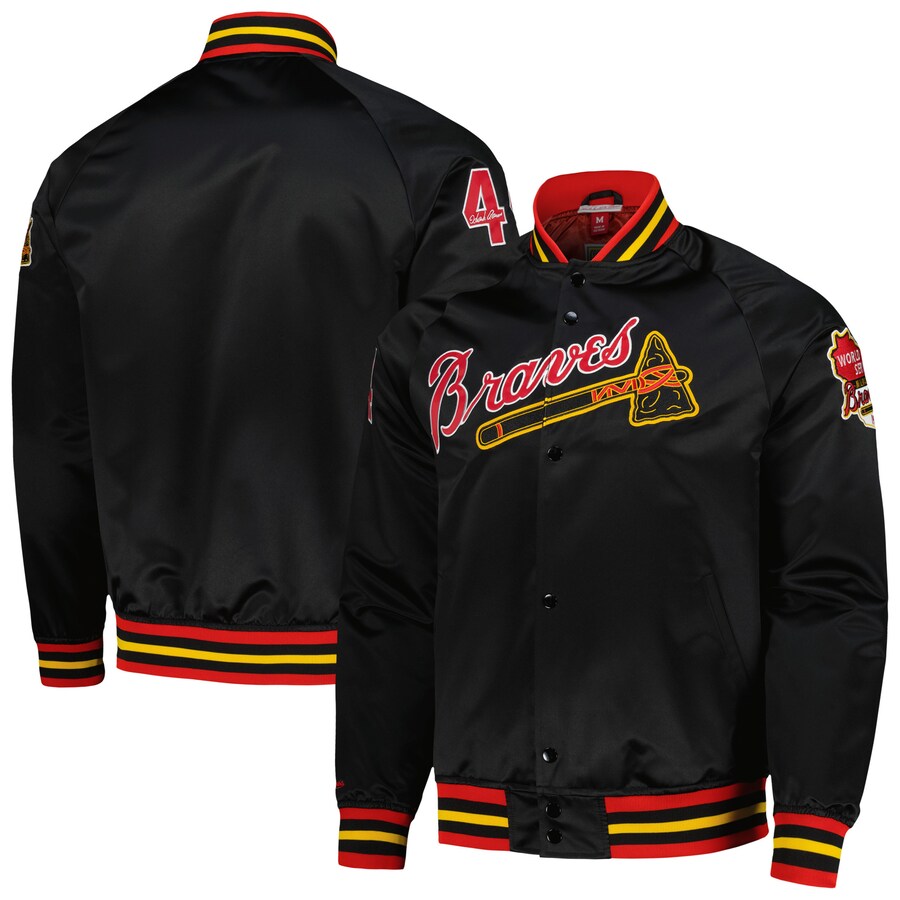 Men's Milwaukee Braves Hank Aaron Mitchell & Ness Black Cooperstown Collection Legends Lightweight Satin Raglan Full-Snap Jacket