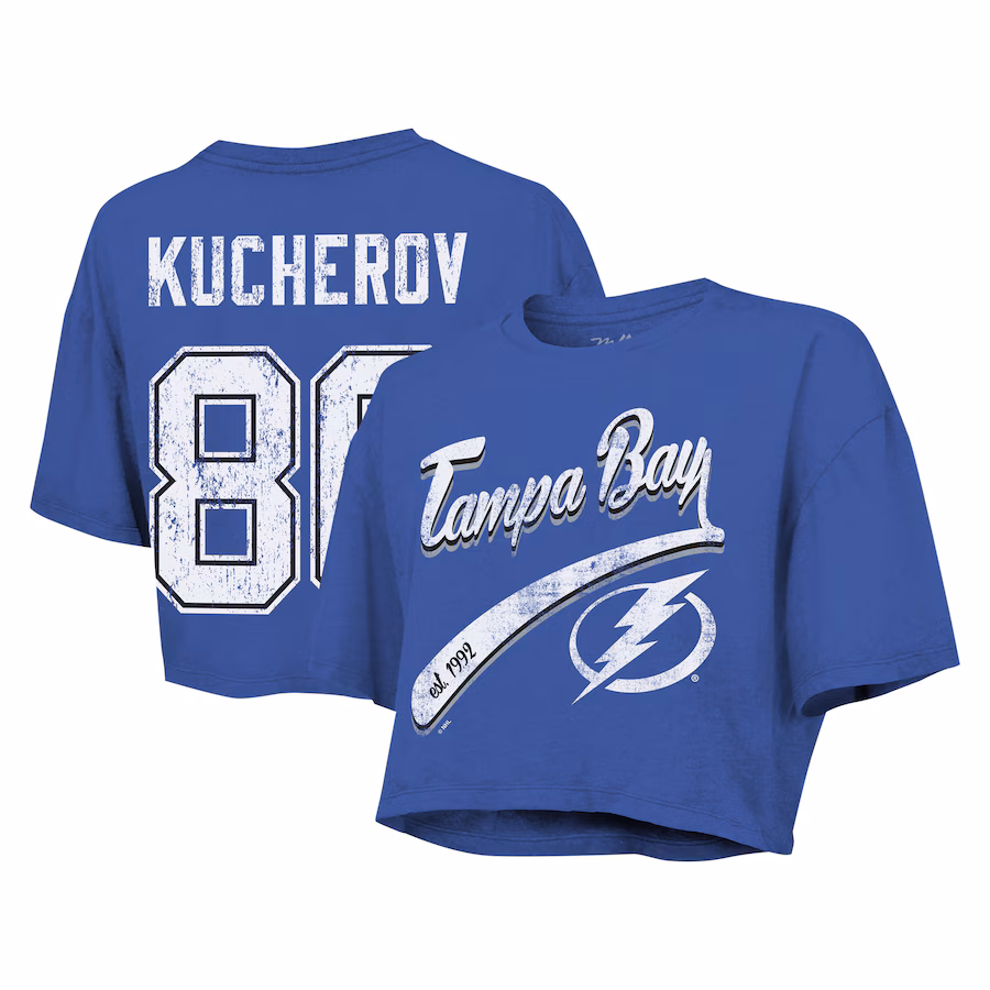 Women's Tampa Bay Lightning Nikita Kucherov Majestic Threads Royal Behind The Net Boxy Name & Number Cropped T-Shirt