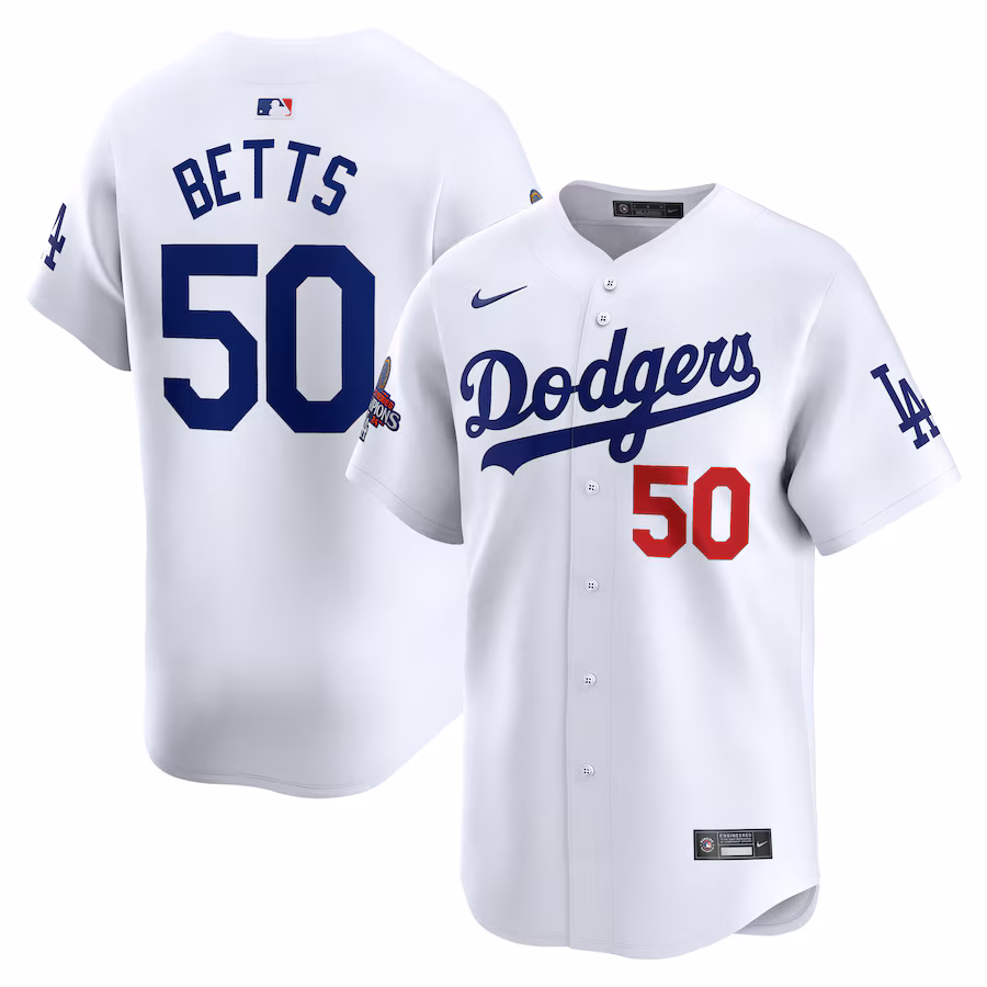 Men's Los Angeles Dodgers Mookie Betts Nike White 2024 World Series Champions Home Limited Player Jersey