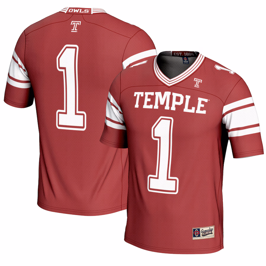 Men's GameDay Greats #1 Cherry Temple Owls Endzone Football Jersey