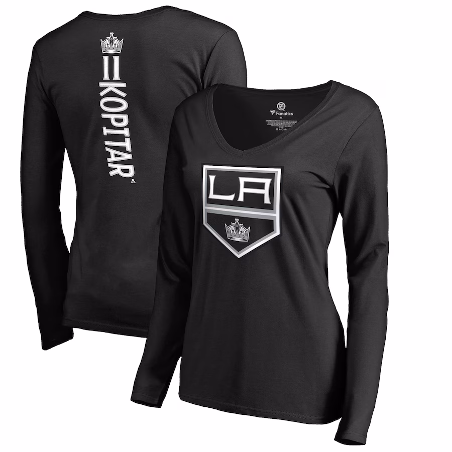 Women's Los Angeles Kings Anze Kopitar Black Backer Name & Number Slim Fit Long Sleeve V-Neck T-Shirt