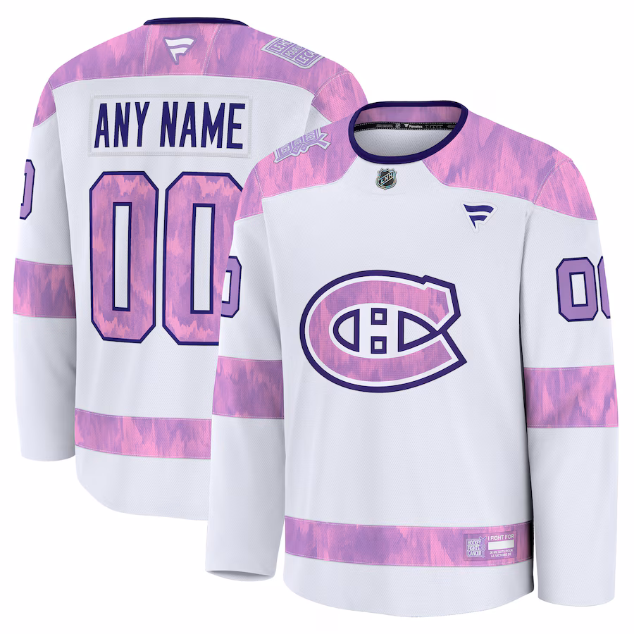 Men's Montreal Canadiens Fanatics White 2024 Hockey Fights Cancer Custom Practice Jersey