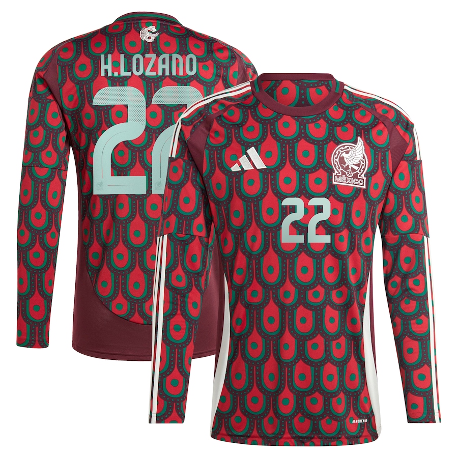 Men's Mexico National Team Hirving Lozano adidas Burgundy 2024 Home Replica Player Long Sleeve Jersey