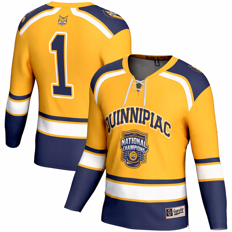 Men's GameDay Greats Gold Quinnipiac Bobcats 2023 NCAA Men's Ice Hockey National Champions Hockey Jersey