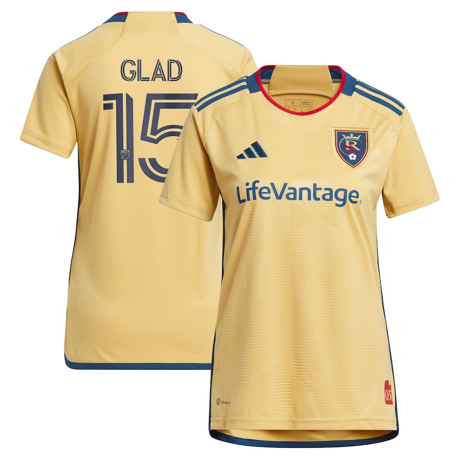Women's Real Salt Lake Justen Glad adidas Gold 2023 The Beehive State Kit Replica Player Jersey