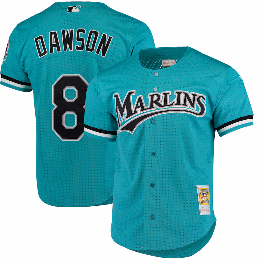 Men's Florida Marlins Andre Dawson Mitchell & Ness Teal Cooperstown Collection Mesh Batting Practice Button-Up Jersey