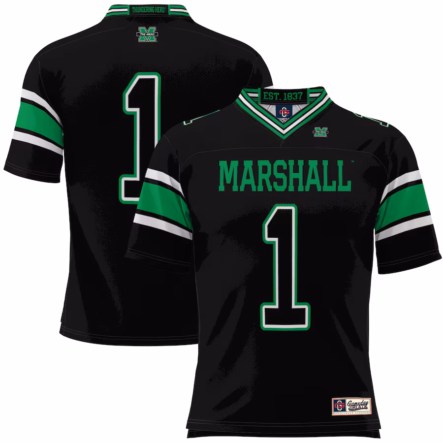 Men's GameDay Greats #1 Black Marshall Thundering Herd Football Jersey