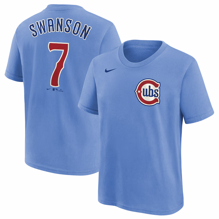 Youth Chicago Cubs Dansby Swanson Nike Baby Blue Player Name & Number T-Shirt