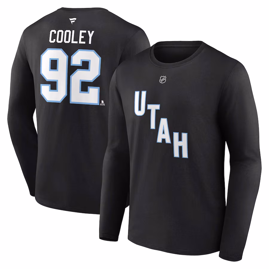 Men's Utah Hockey Club Logan Cooley Fanatics Black Authentic Stack Name & Number Long Sleeve T-Shirt