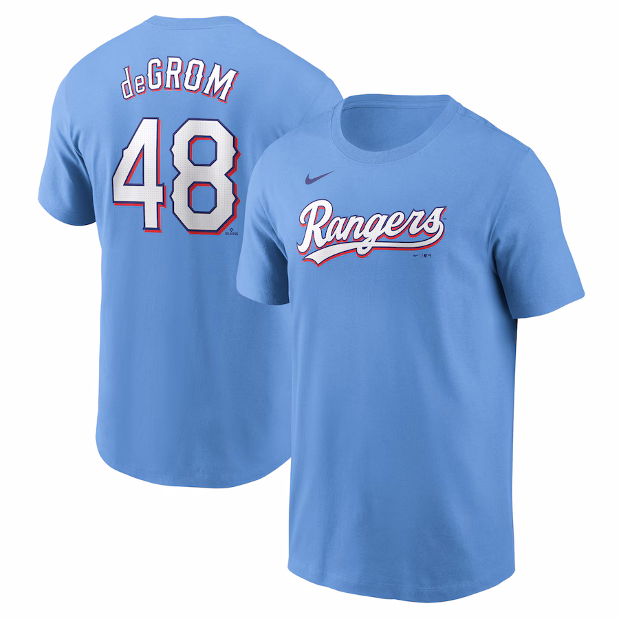 Men's Texas Rangers Jacob deGrom Nike Light Blue Fuse Name & Number T-Shirt