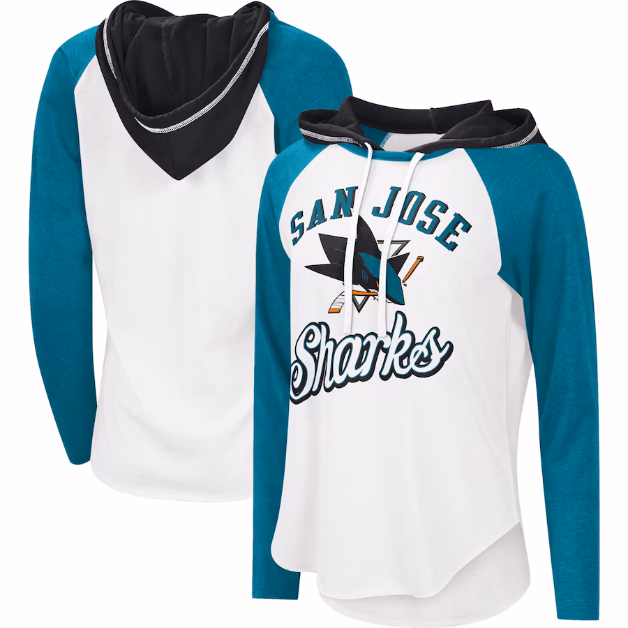 Women's San Jose Sharks G-III Sports by Carl Banks White/Teal MVP Raglan Lightweight Hooded T-Shirt