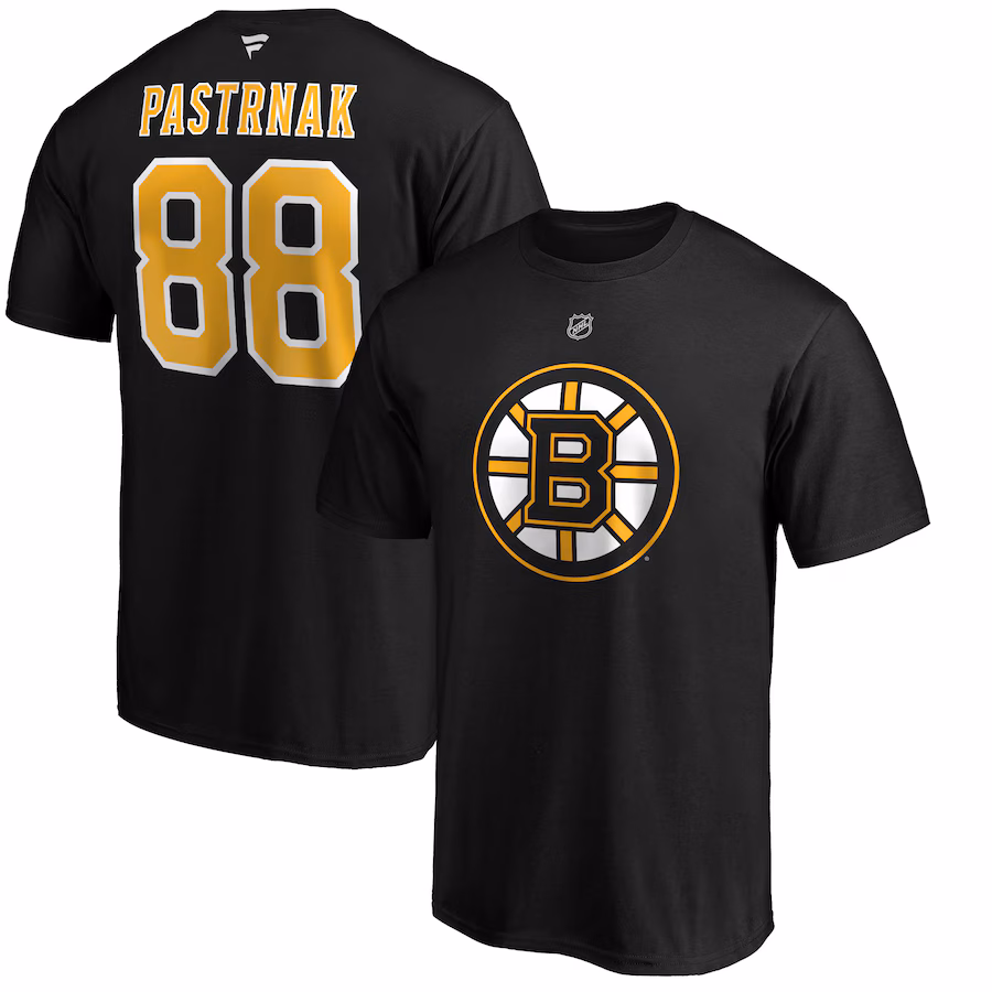 Men's Boston Bruins David Pastrnak Fanatics Black Team Authentic Stack Name & Number T-Shirt
