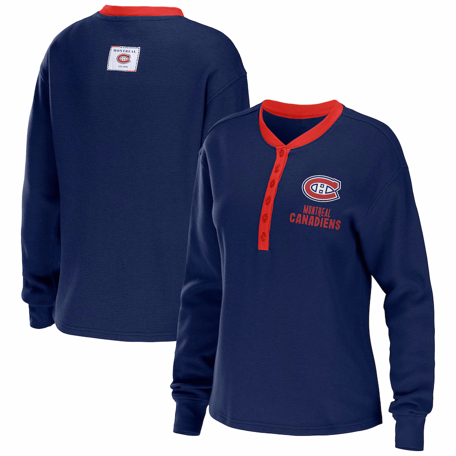 Women's Montreal Canadiens WEAR by Erin Andrews Navy Waffle Henley Long Sleeve T-Shirt