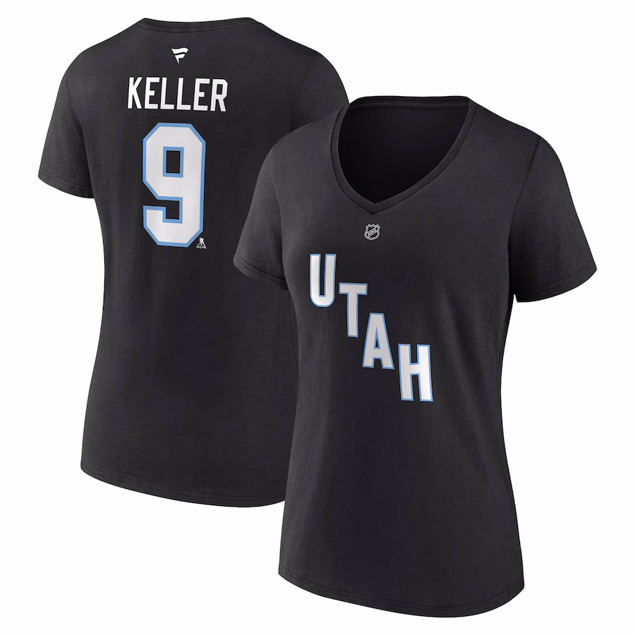 Women's Utah Hockey Club Clayton Keller Fanatics Black Authentic Stack Name & Number V-Neck T-Shirt