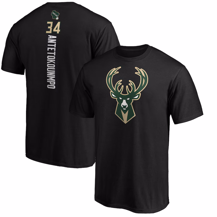 Men's Milwaukee Bucks Giannis Antetokounmpo Black Team Playmaker Name & Number T-Shirt