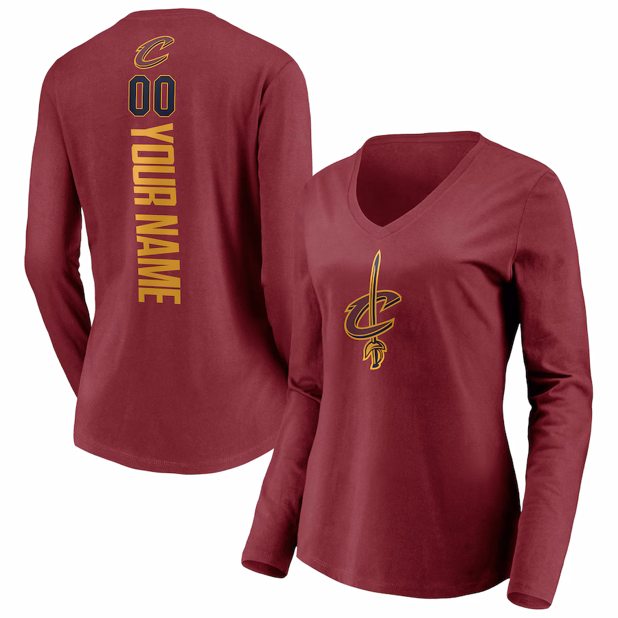 Women's Cleveland Cavaliers Wine Playmaker Personalized Name & Number Long Sleeve V-Neck T-Shirt