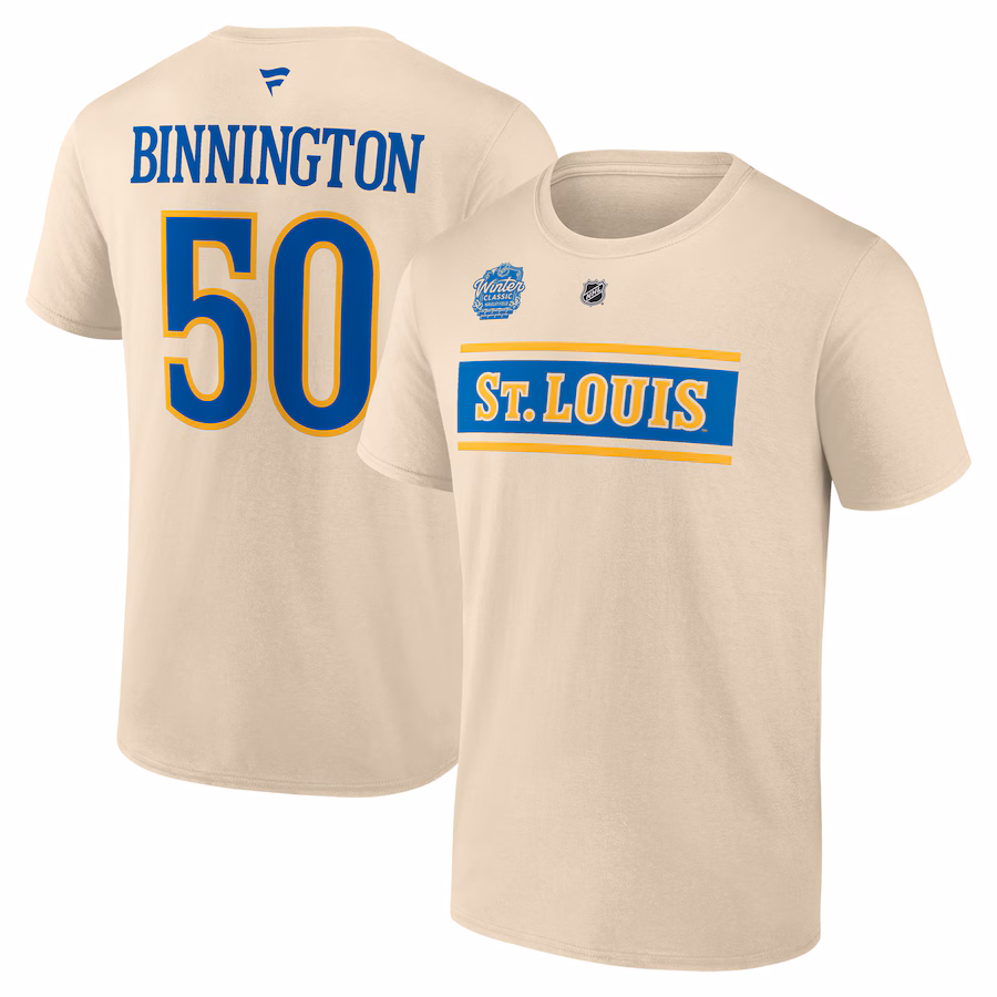 Men's St. Louis Blues Jordan Binnington Fanatics Cream 2025 NHL Winter Classic Authentic Stack Name & Number T-Shirt
